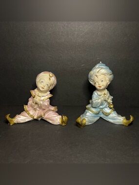 Vintage Set of 2 Ceramic Pink & Blue Genie Sultan Figurines Playing the Flute
